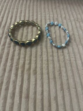 Gold Tone Stretch Bracelet & Blue-Bead Stretch Bracelet Set- lot of 2